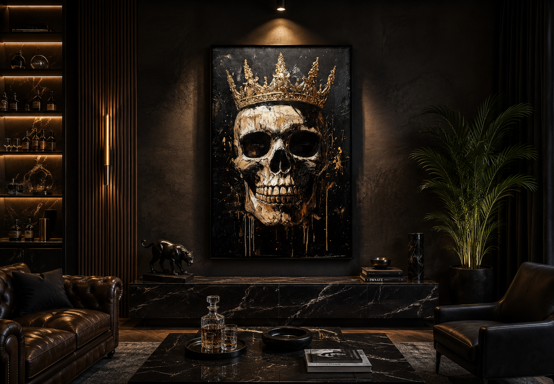 Framed gothic canvas wall art of a detailed skull wearing an ornate gold crown in a dark room.