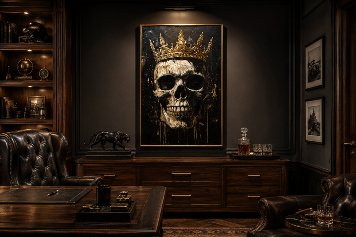 Skull wearing a gold crown gothic canvas wall art in a dark, wood-paneled office or man cave.