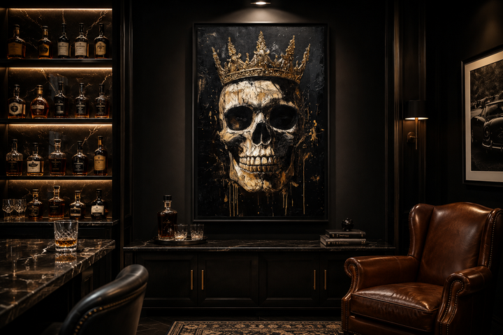 Skull wearing a gold crown gothic canvas wall art in a dark, sophisticated bar setting.