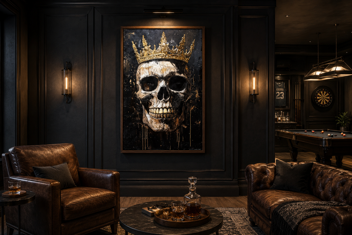 Skull wearing a gold crown gothic canvas wall art in a dark, sophisticated man cave setting.