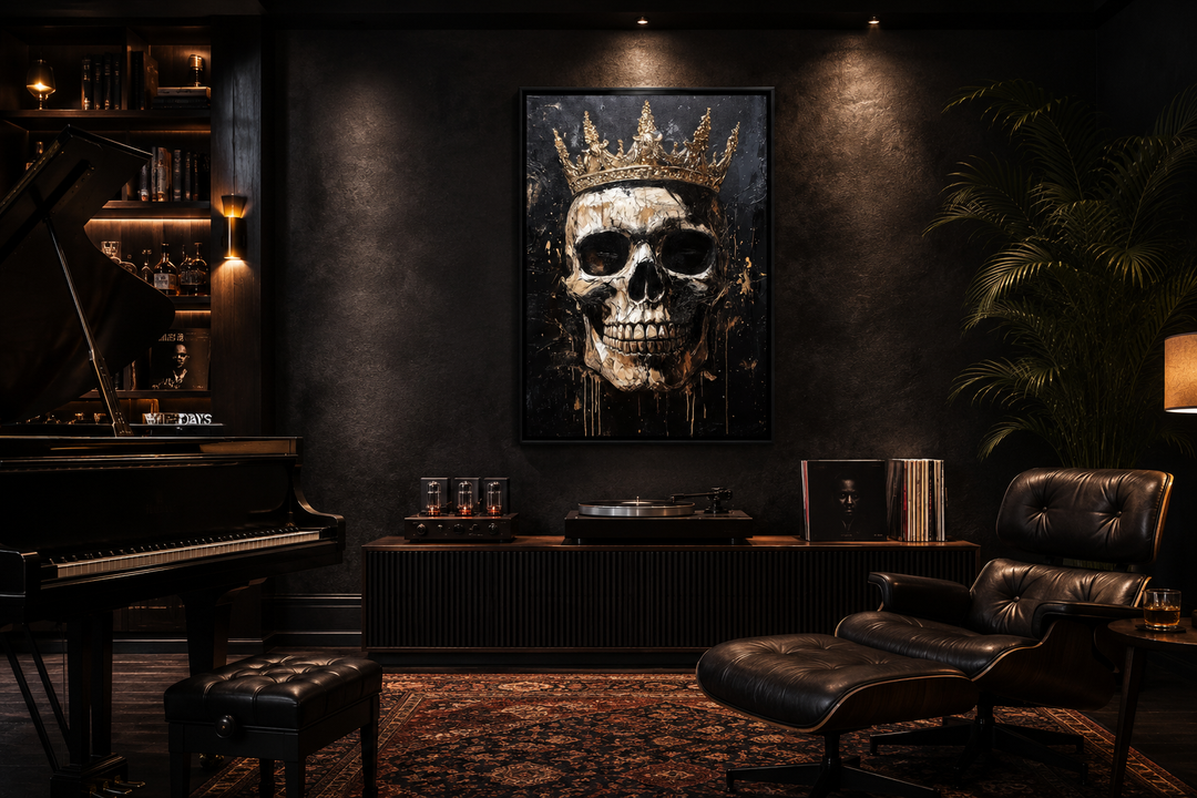 Gothic skull wearing a gold crown canvas wall art in a dark, moody room with a piano and chair.