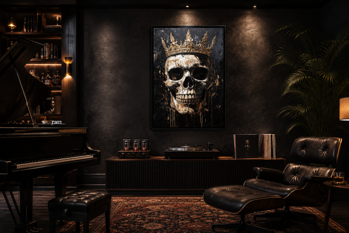 Gothic skull wearing a gold crown canvas wall art in a dark, moody room with a piano and chair.