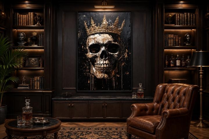 Skull wearing a gold crown gothic canvas wall art in a dark wood office with leather chair.