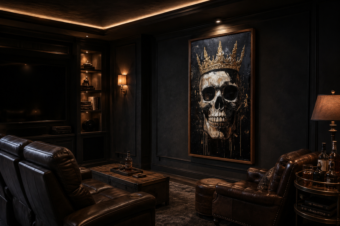 Framed gothic canvas wall art of a skull wearing a gold crown in a dark, moody man cave setting.