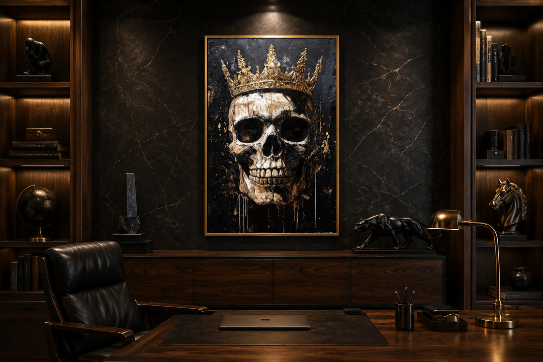 Gothic canvas wall art of a skull wearing a gold crown, framed and hung in a dark office setting.