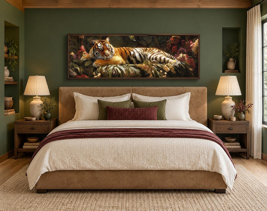 Sleeping Tiger long horizontal framed canvas wall art above a bed in a green bedroom.