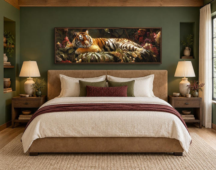 Sleeping Tiger long horizontal framed canvas wall art above a bed in a green bedroom.