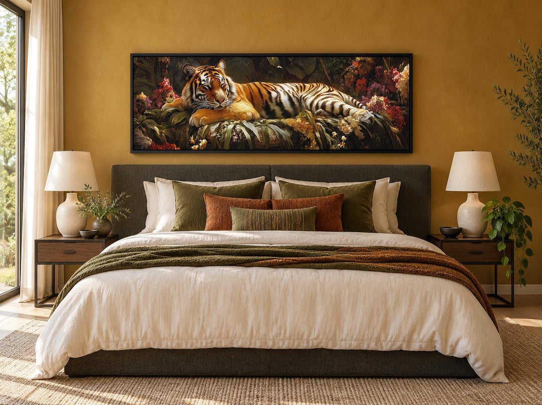 Sleeping Tiger long horizontal framed canvas wall art above a bed in an exotic bedroom setting.