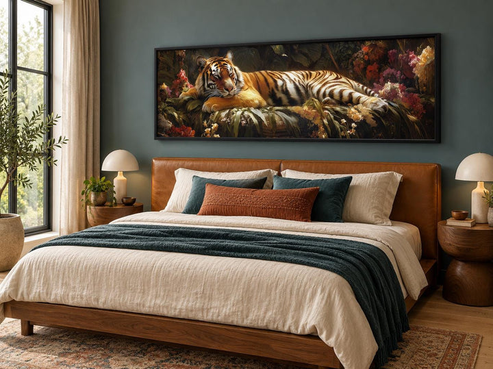 Sleeping Tiger long horizontal framed canvas wall art above a bed in an exotic bedroom setting.
