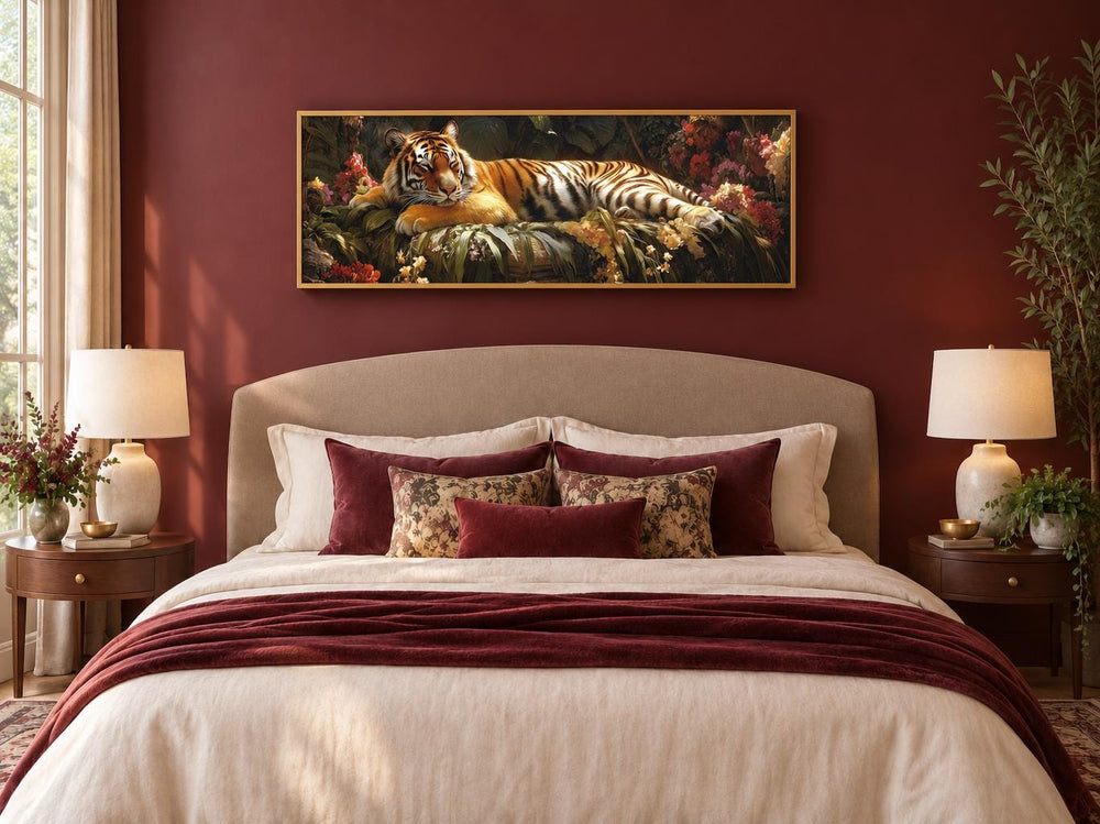 Sleeping Tiger long horizontal framed canvas wall art above a bed in a red bedroom.