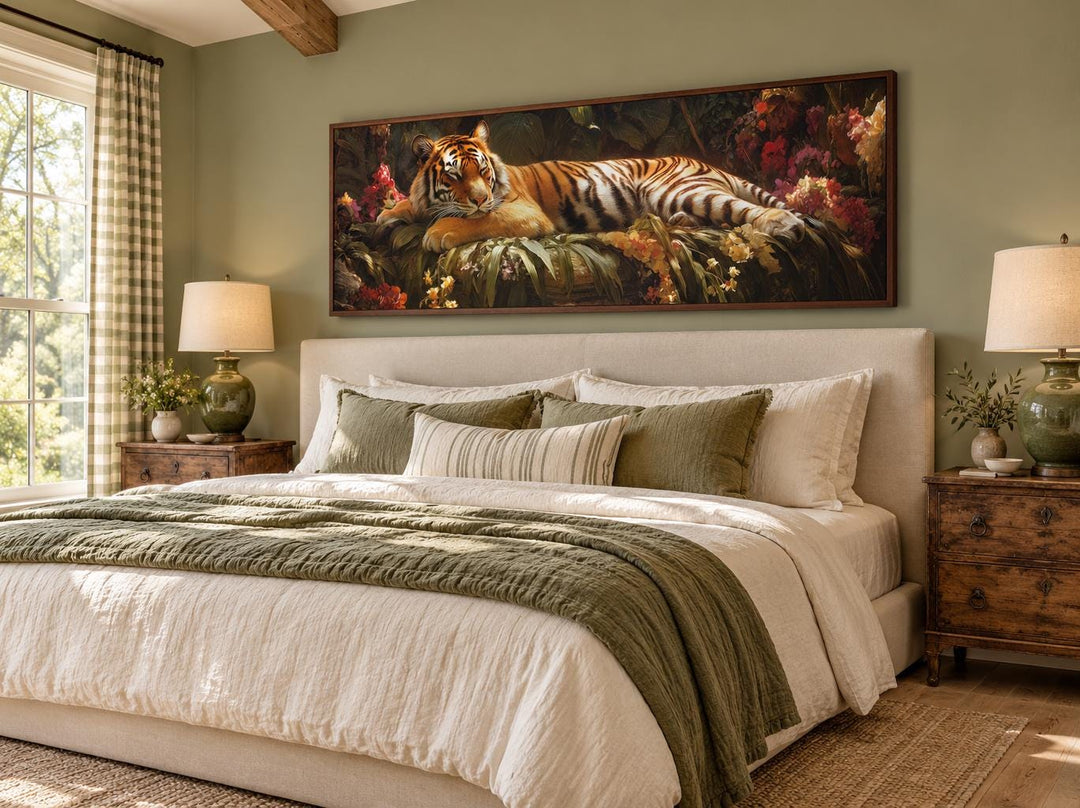 Sleeping Tiger long horizontal framed canvas wall art above a bed in a green-walled bedroom.