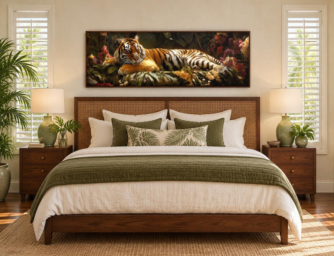 Sleeping Tiger long horizontal framed canvas wall art above a bed with green and white bedding.