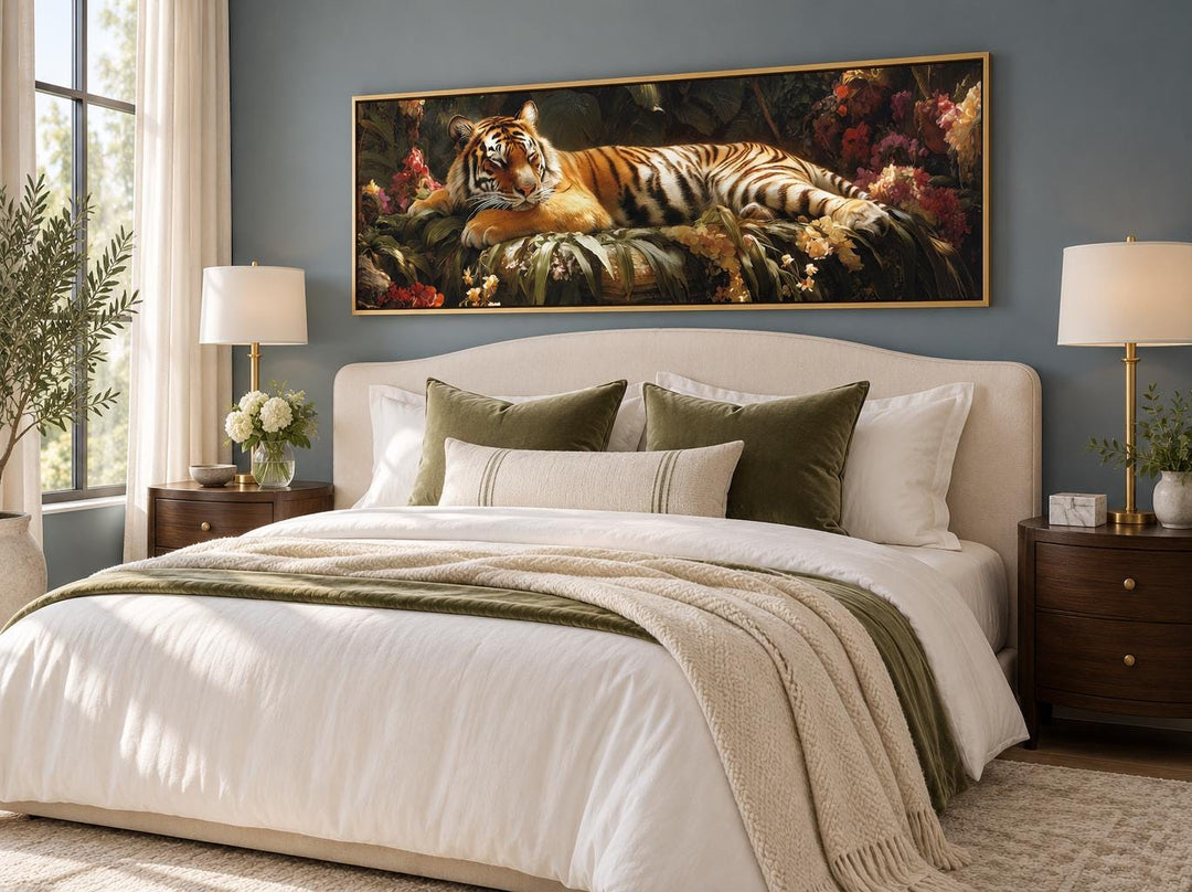 Sleeping Tiger long horizontal framed canvas wall art above a bed in an exotic bedroom setting.