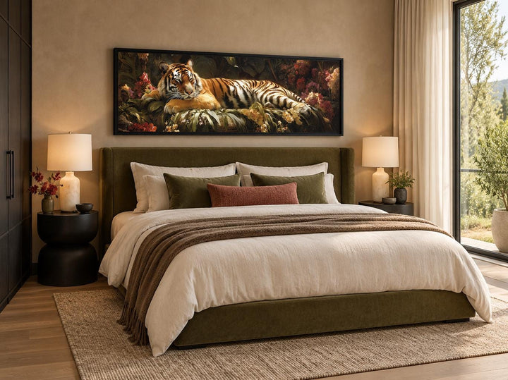 Sleeping Tiger long horizontal framed canvas wall art above a bed in an exotic bedroom setting.