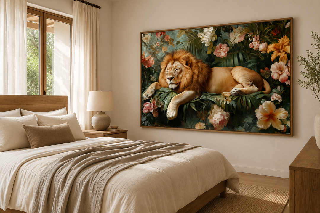 Framed canvas wall art of a lion sleeping in a lush jungle with flowers, hanging above a bed.