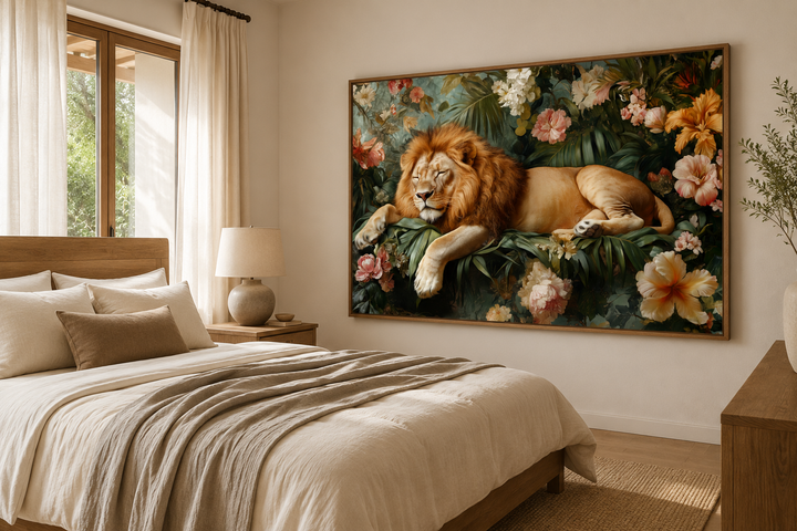 Framed canvas wall art of a lion sleeping in a lush jungle with flowers, hanging above a bed.