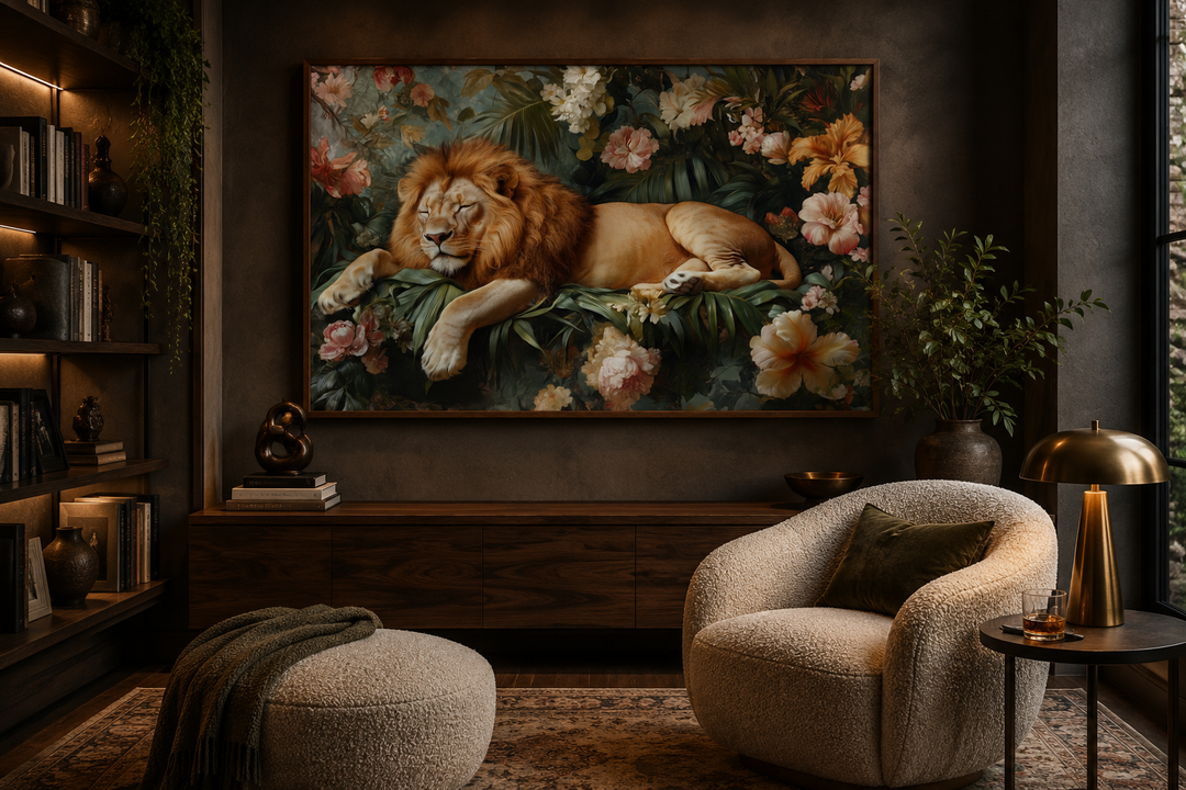 Framed canvas wall art of a lion sleeping among jungle flowers above a wooden sideboard.