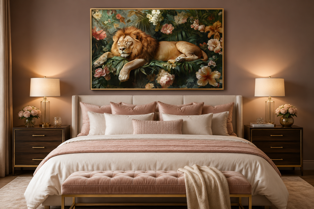 Framed canvas wall art of a lion sleeping in a jungle with flowers, hung above a bed.