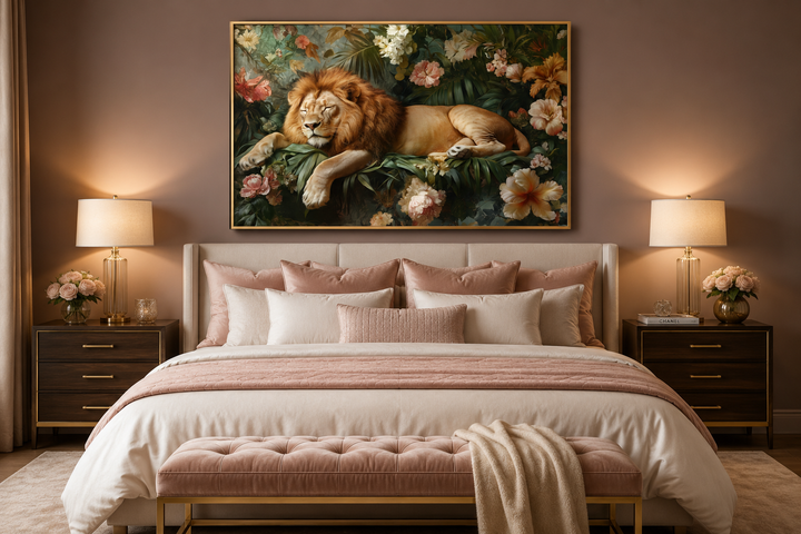Framed canvas wall art of a lion sleeping in a jungle with flowers, hung above a bed.