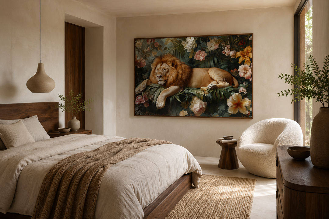 Framed canvas wall art of a sleeping lion in a floral jungle, hanging above a bed in a bedroom.