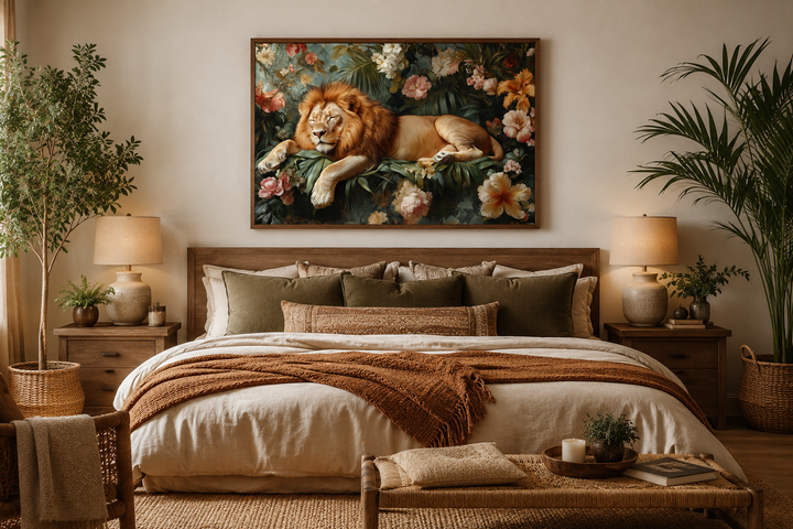 Framed canvas wall art of a lion sleeping in a jungle with flowers above a bed in a bedroom.