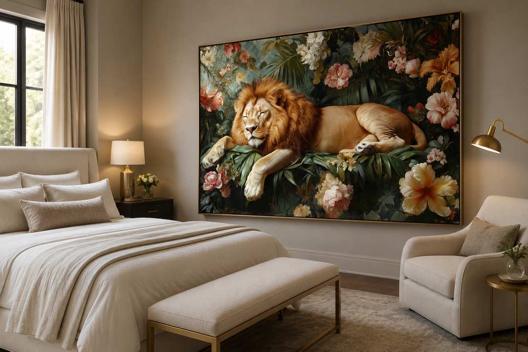 Framed canvas wall art of a lion sleeping among jungle flowers above a bed in a neutral bedroom.