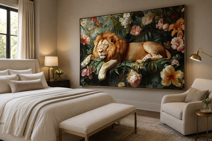 Framed canvas wall art of a lion sleeping among jungle flowers above a bed in a neutral bedroom.