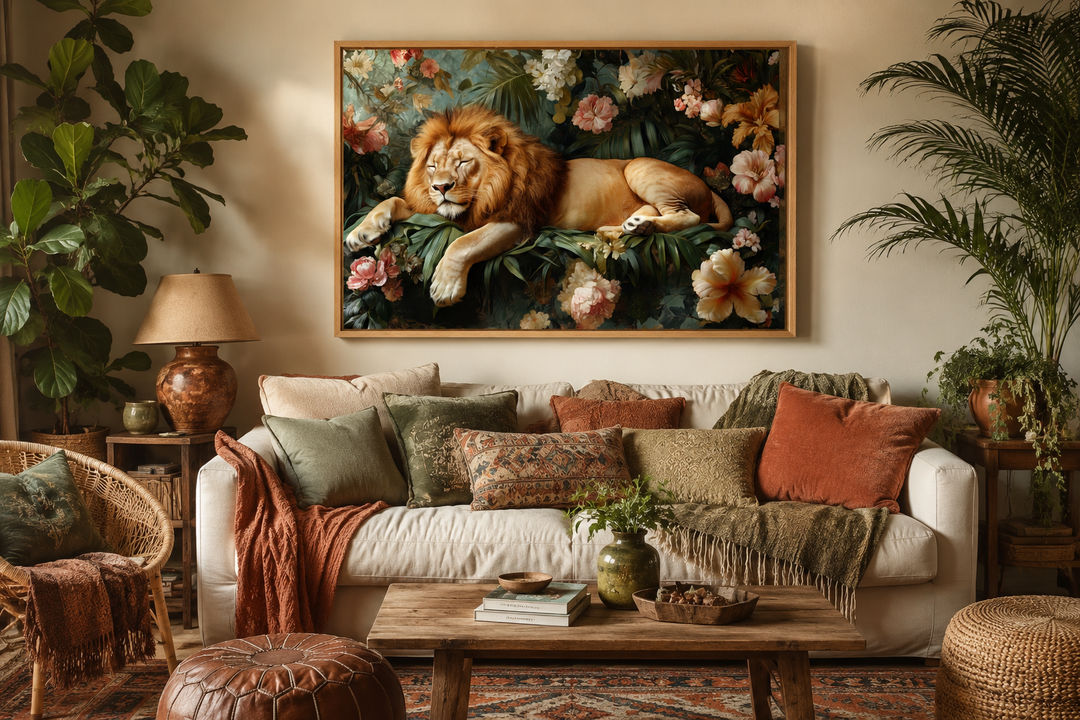 Framed canvas wall art of a lion sleeping in a lush jungle, hanging above a cozy living room sofa.