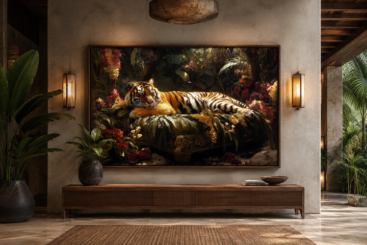 Framed canvas wall art of a tiger sleeping in a lush jungle, displayed above a wooden console table.