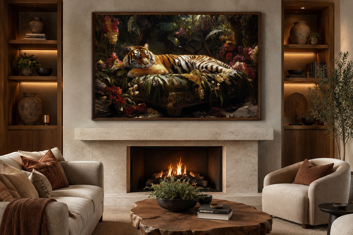 Framed canvas wall art of a tiger sleeping in a lush jungle, hung above a modern fireplace.