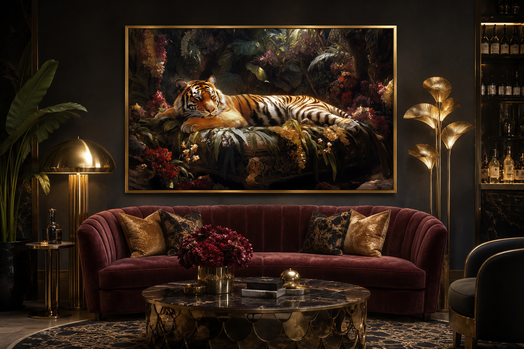 Framed canvas wall art of a tiger sleeping in a lush jungle, hanging above a velvet sofa.