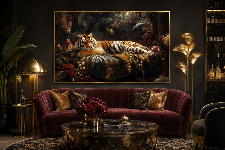 Framed canvas wall art of a tiger sleeping in a lush jungle, hanging above a velvet sofa.