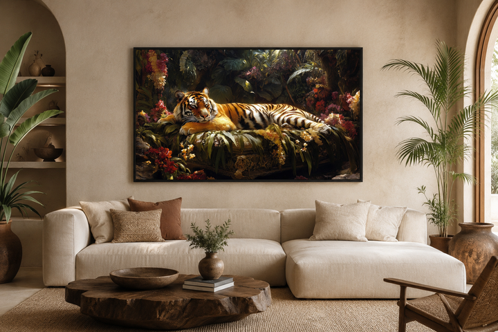 Tiger sleeping in a lush jungle framed canvas wall art hanging above a sofa in a living room.