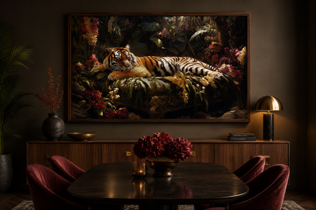Framed canvas wall art of a tiger sleeping in a lush jungle, hung above a dining room sideboard.