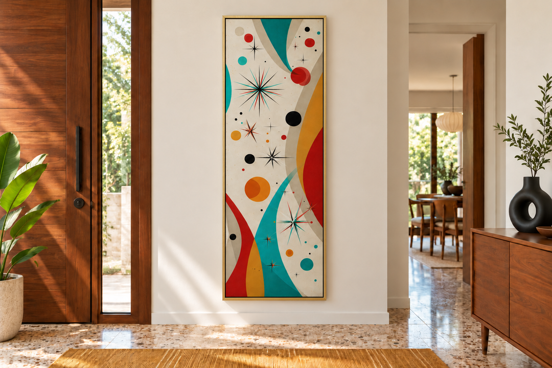 Vertical mid-century modern canvas print with retro geometric shapes and atomic details in an entry.
