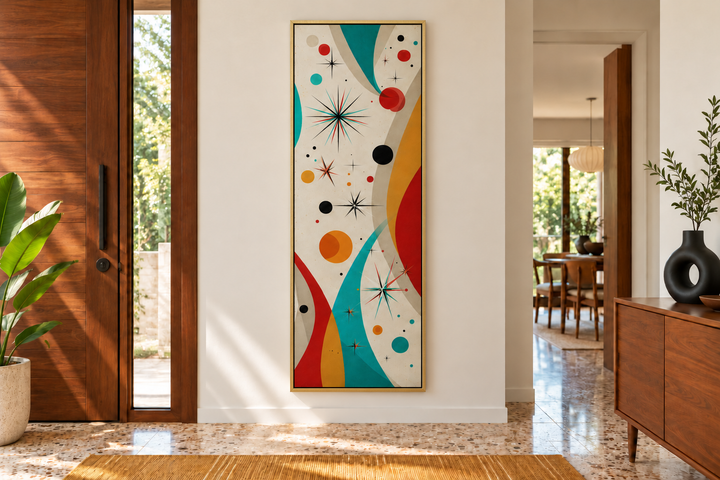Vertical mid-century modern canvas print with retro geometric shapes and atomic details in an entry.