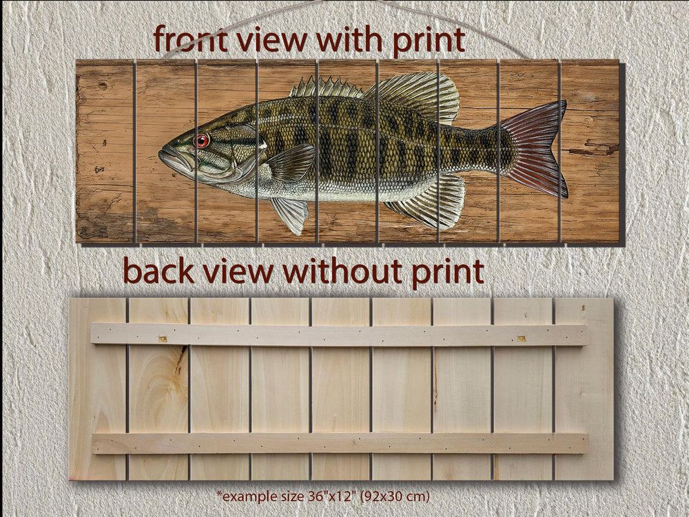 Rustic wood plank wall art featuring a smallmouth bass print with front and back views.