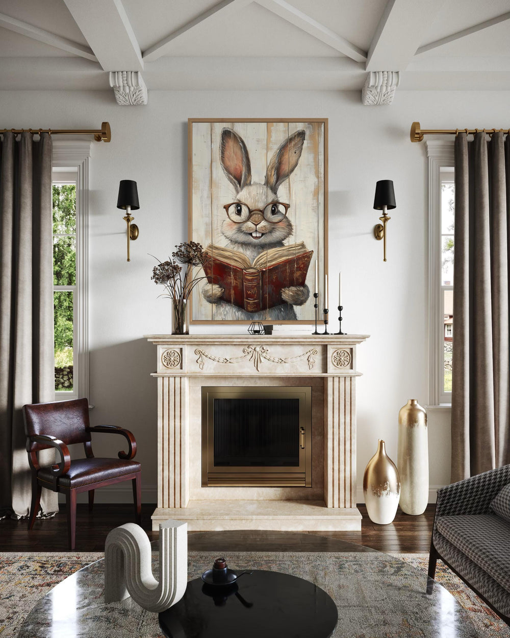 Smart bunny reading a book framed canvas wall art.