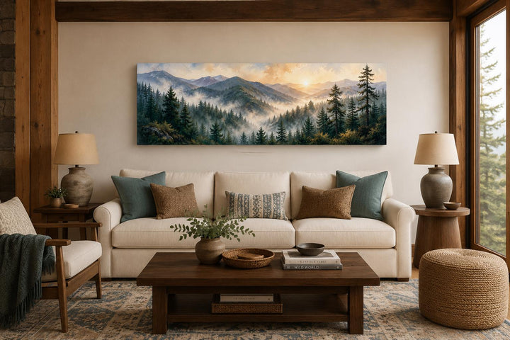 Panoramic Smoky Mountains sunrise canvas art above a beige sofa in a rustic living room.