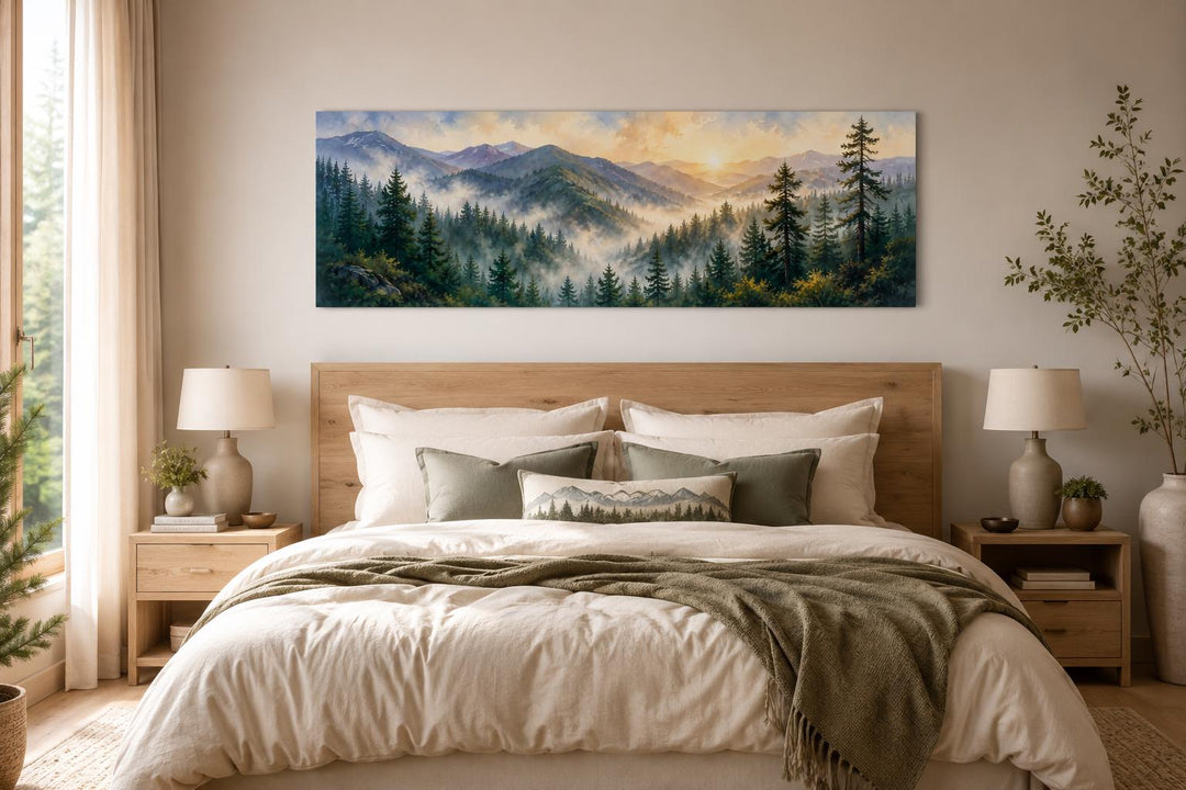Smoky Mountains sunrise wall art above a bed, featuring a pine forest and misty mountain ridges.