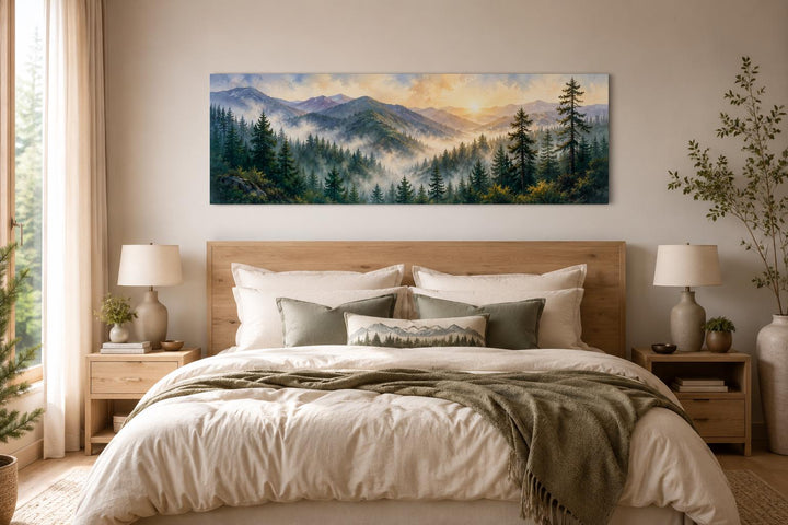 Smoky Mountains sunrise wall art above a bed, featuring a pine forest and misty mountain ridges.