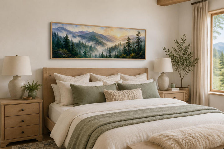 Panoramic Smoky Mountains sunrise wall art above a bed with pine forest and misty mountain ridges.