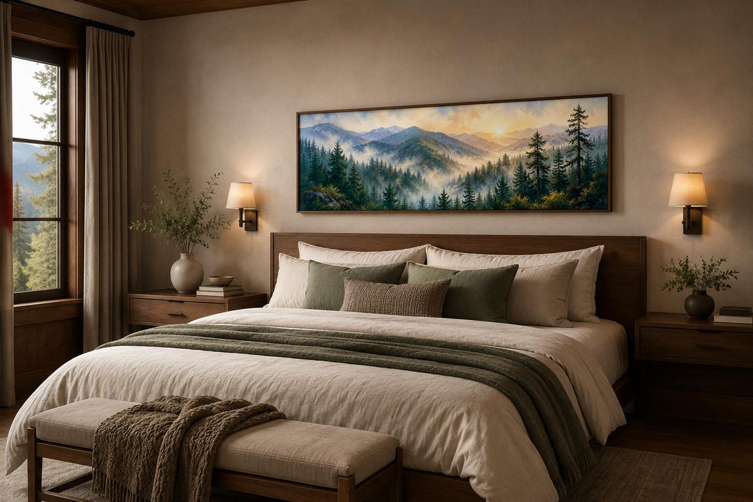 Smoky Mountains sunrise wall art featuring a pine forest landscape above a bed in a rustic room.