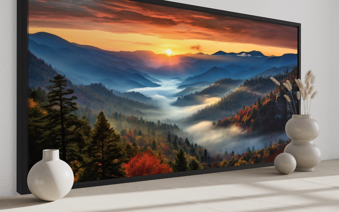 Smoky Mountains sunset canvas art with orange and purple hues over layered blue mountain peaks.