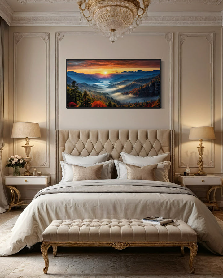 Smoky Mountains sunset canvas art hanging above a tufted headboard in a classic bedroom setting.
