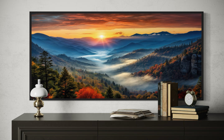 Smoky Mountains sunset canvas art showing a misty valley and orange sky above a dark sideboard.