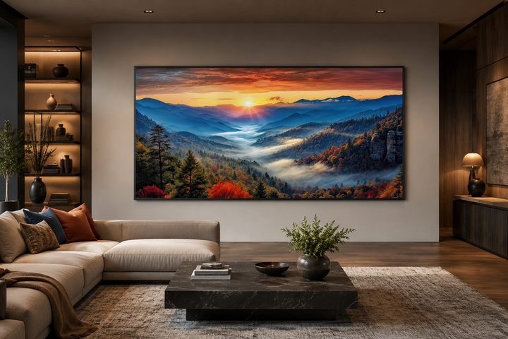 Extra large canvas print of a Smoky Mountains sunset over a sofa in a modern living room.