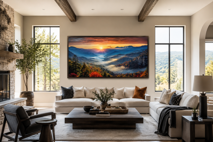 Smoky Mountains sunset canvas art displayed above a sofa in a rustic living room.