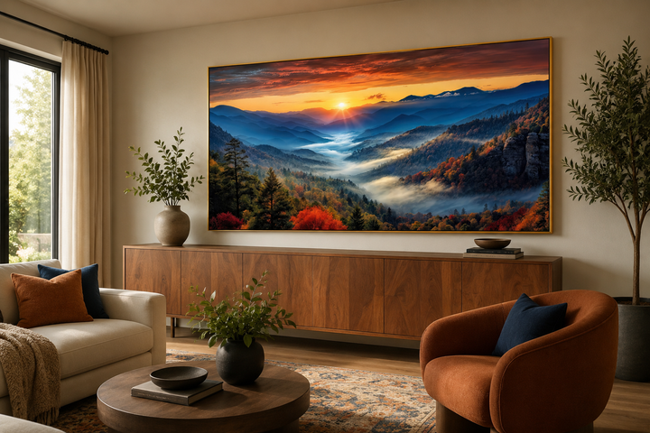 Large horizontal canvas of a Smoky Mountains sunset over a wooden sideboard in a living room.
