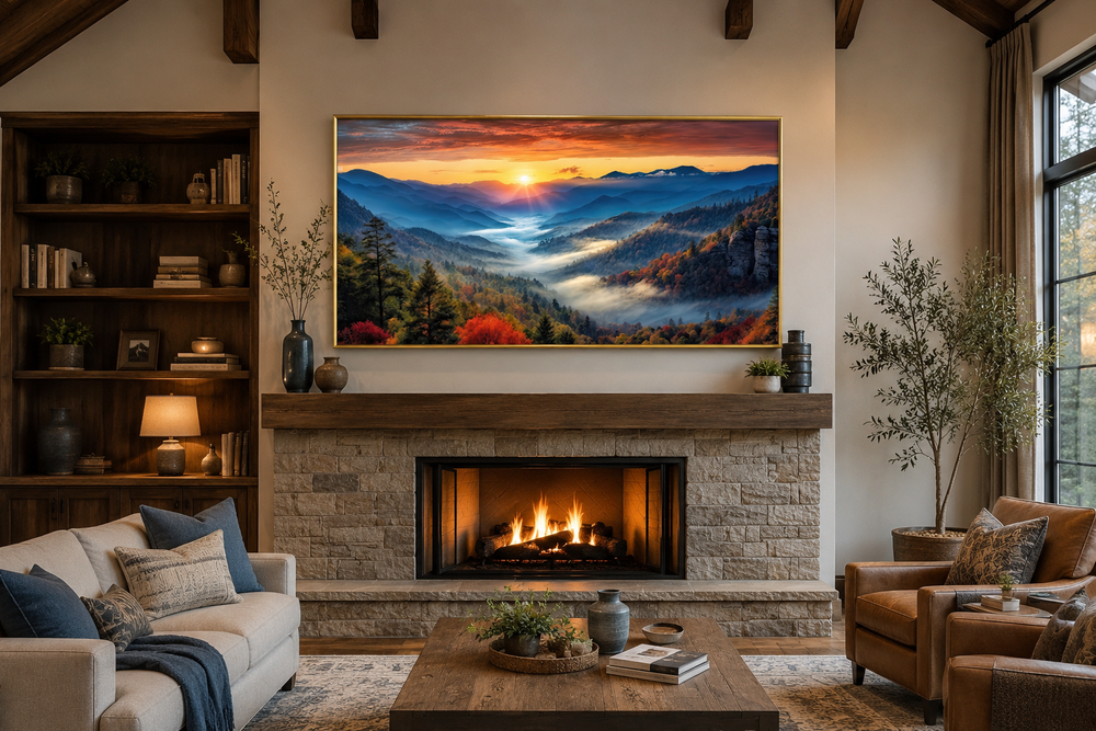 Smoky Mountains sunset canvas art hanging above a stone fireplace in a rustic living room.